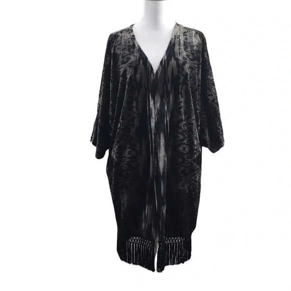 One World Wintop Velour Black Floral Tie Dye Fringe Cardigan Womens Large Fringe - Picture 1 of 11
